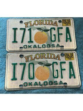2 Florida License Plate Vtg Old Orange Graphic 2008 I70 and I71 GFA His Her Tags